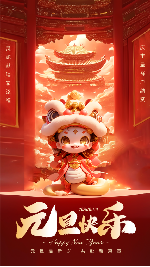 祥蛇贺岁舞翩翩，庆丰化纤送福绵。丝缕编织吉祥意，愿君蛇年乐无边。